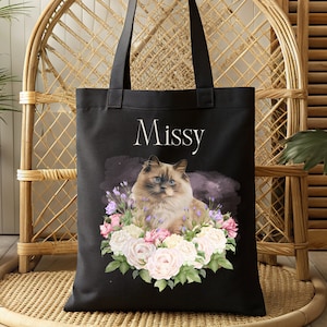 Sac fourre-tout en toile coquette chat en fleurs à personnaliser Sac à dos chat en chiffon rose Sac d'épicerie à personnaliser pour les amoureux des chats, pour les mamans de ses chats