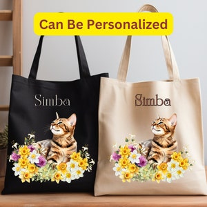 Sac fourre-tout à personnaliser avec fleurs et chats, cartable en toile à personnaliser avec chat du Bengale, cadeau pour maman de chat, cadeau personnalisé pour chat