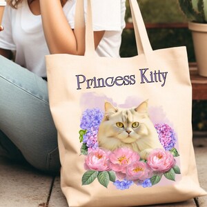 Personnalisez le Sac fourre-tout chat Sac à fleurs Chat persan Sac de marché floral Sac à livres en toile Cadeau pour enseignant Cadeau pour maman chat Cadeau personnalisé pour amoureux des chats
