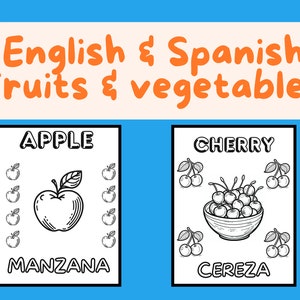 May include: Black and white illustration of an apple and a cherry. The words "APPLE" and "MANZANA" are written above the apple. The words "CHERRY" and "CEREZA" are written above the cherry.