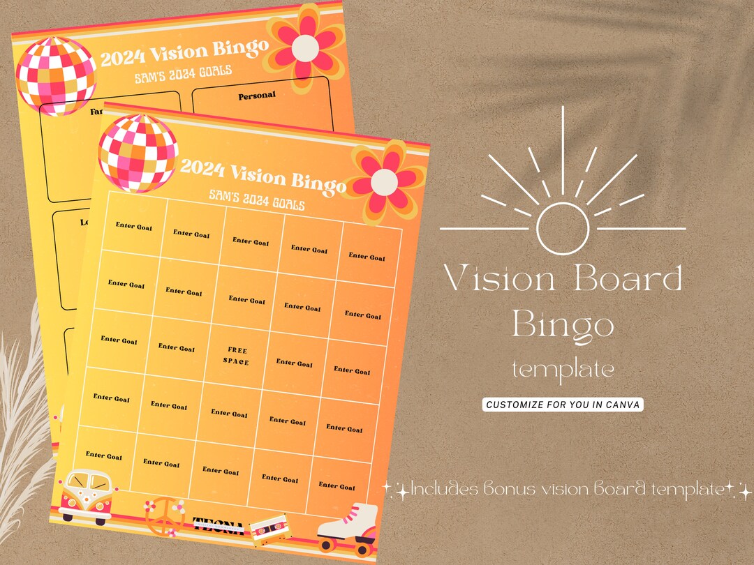2024 Retro Vision Board Bingo Card, Retro Bingo Card, Retro Vision