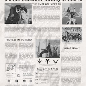 May include: A newspaper front page titled "World Chronicle" with the headline "The Zero Requiem." The page features articles, images, and dates, including "Aug 2018 A.T.B." and a section titled "The Emperor's Death."