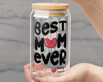 Glazen beker voor beste moeder ooit, aangepaste glazen beker voor Moederdag, verjaardagscadeaus voor moeder van kinderen, glazen mok met deksel en rietje