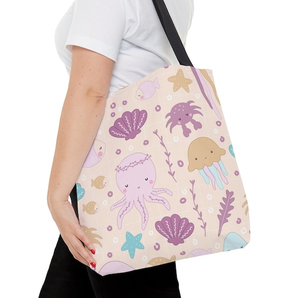 Kwallen & zeedieren Tote Bag - Gepersonaliseerde Mermaidcore Tas voor school, werk, winkelen | Schattig Kawaii esthetisch zeeleven | Vis Krab