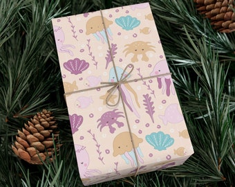 Zeedieren inpakpapier, leuke cadeauverpakking, Kerstmis, verjaardag, babyshower kawaii esthetiek, themafeest onder de zee, kwal krab