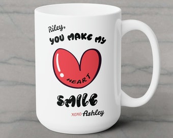 Mok You Make My Heart Smile, gepersonaliseerd valentijnsdagcadeau voor hem of haar Beker, verjaardagscadeau schattige man, cadeau voor vrouw, partner