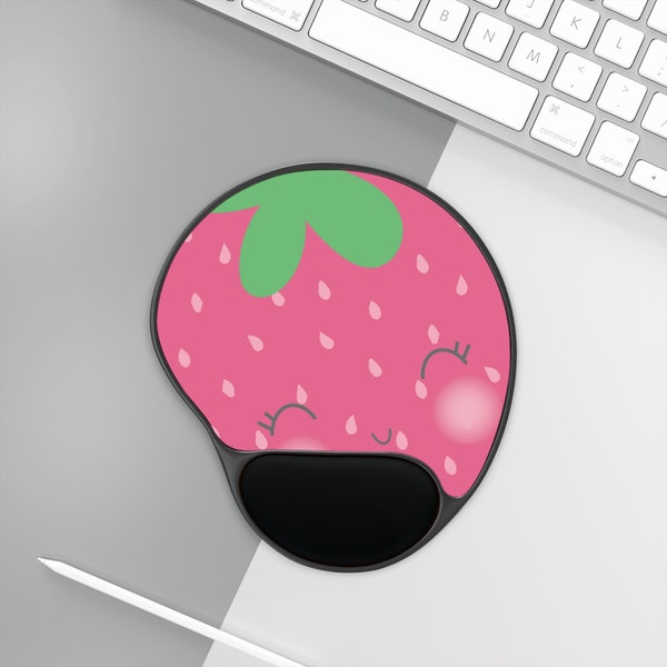 Cute Strawberry Mouse Pad With Wrist Rest - Pink Strawberry Kawaii Mousepad | Strawberry Aesthetic | Round Ergonomic Office Desk Accessories