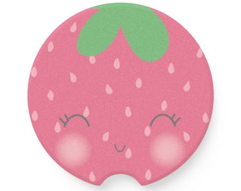 Aardbei auto-onderzetter, kawaii speksteen onderzetter, roze aardbei cadeau, schattig esthetisch fruit, auto-interieur accessoire, absorberende steen