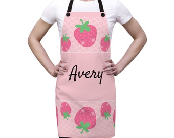 Aardbeienschort - Gepersonaliseerde Cottegecore Aardbeienkeukenaccessoire | Kawaii keukenfruitschort | Cadeau met bessenthema | Kawaii-esthetiek