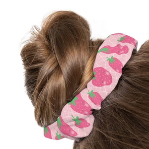 Pink Kawaii Strawberry Scrunchie - Cottagecore Strawberry Gift, Cute Strawberry Aesthetic, Kawaii Hair Accessories, Hair Tie Ponytail Holder