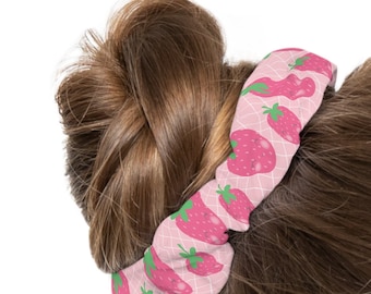 Pink Kawaii Strawberry Scrunchie - Cottagecore Strawberry Gift, Cute Strawberry Aesthetic, Kawaii Hair Accessories, Hair Tie Ponytail Holder