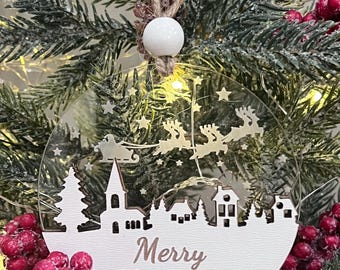 Santa Sleigh Acrylic Christmas Ornament, Engraved Wood