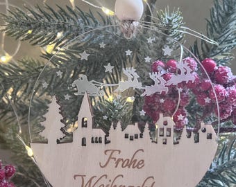 German Christmas Ornament: Santa & Sleigh over Village