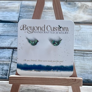 Mirror Bird & Leaf Stud Earrings – Green Leaves – Hypoallergenic Stainless Steel Posts