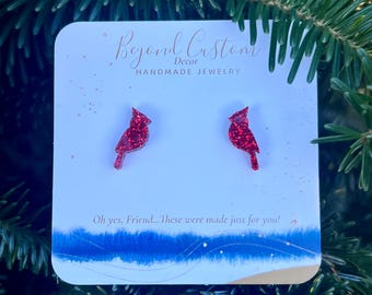 Rot Glitter Cardinal Ohrstecker • Hypoallergener Edelstahl