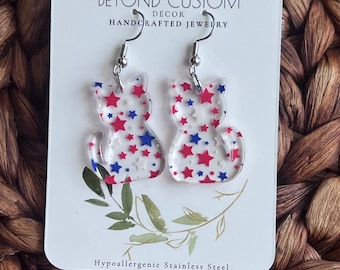 Vintage Katze Ohrringe, rot weiß blau Stern aus Acryl, Edelstahl