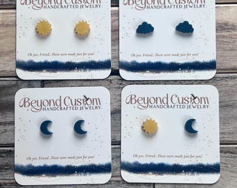 Sonne, Mond und Wolke Ohrstecker mit hypoallergenen Edelstahl-Steckern — minimalistischer himmlischer Schmuck, perfekt für den Alltag