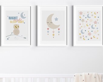 Owl, Stars & Moon Posters – Nursery Printable Wall Art/Decor, Baby Playroom. Digital files *ONLY* Night Night, Sleep Tight: 6 Print Sizes