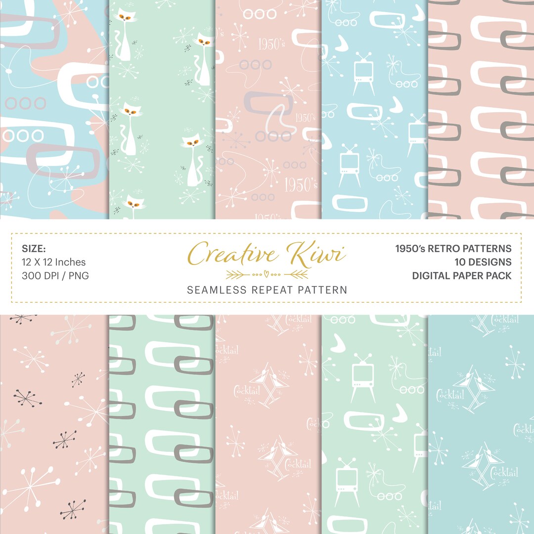 Retro Pattern Backing Paper 10 X 1950s Retro, Vintage – Seamless Boho Backgrounds, Digital ...