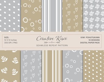 May include: A digital paper pack with 10 seamless patterns featuring various designs, including polka dots, hearts, flowers, and circles. The patterns are in shades of brown and gray with white accents. The pack is 12 x 12 inches and 300 DPI.