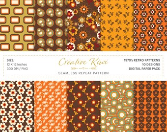 10 x 1970s Retro, Vintage – Seamless Boho Backgrounds, Digital Scrapbook Paper, Vintage Patterns – Instant Digital Download, Retro 1970s 2