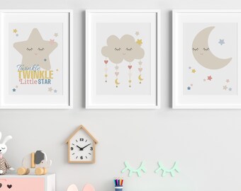 Stars, Cloud & Moon Posters – Baby Nursery Printable Wall Art/Decor. Digital files *ONLY* Twinkle twinkle little star: Six Print Sizes