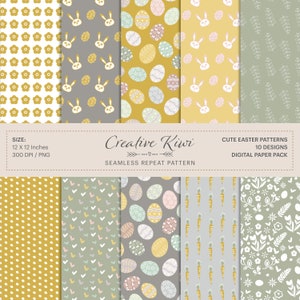 10 x lapins de Pâques, oeufs, coeurs, fleurs et taches - arrière-plans Boho sans couture - papier de scrapbooking numérique, téléchargement numérique instantané, Pâques 4