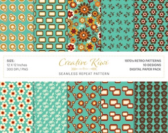 10 x 1970s Retro, Vintage – Seamless Boho Backgrounds, Digital Scrapbook Paper, Vintage Patterns – Instant Digital Download, Retro 1970s 1