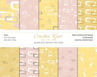 10 x 1950s Retro, Vintage – Seamless Boho Backgrounds, Digital Scrapbook Paper, Vintage Patterns – Instant Digital Download, Retro 4