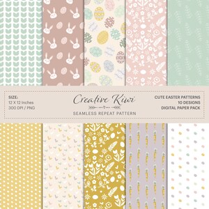 10 x lapins de Pâques, oeufs, coeurs, fleurs et taches - arrière-plans Boho sans soudure - papier de scrapbooking numérique, téléchargement numérique instantané, Pâques 2