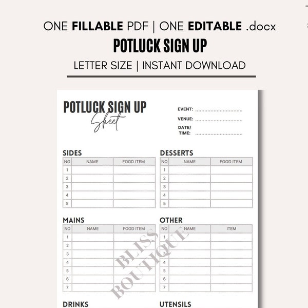 Potluck Sign Up Sheet- Fillable PDF, Editable .docx, & Printable. Dinner Party/Party Planning