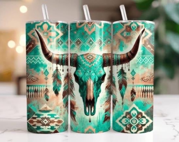 Teal Aztec themed Cow Skull  20oz tumbler