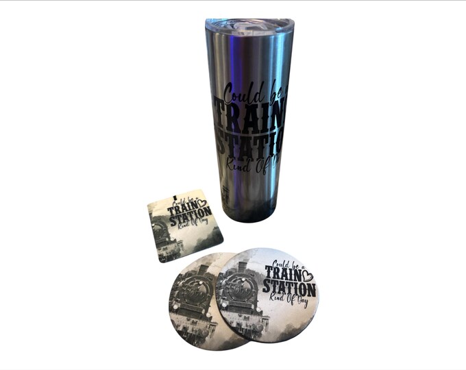 Train station 20oz tumbler, coasters and freshie