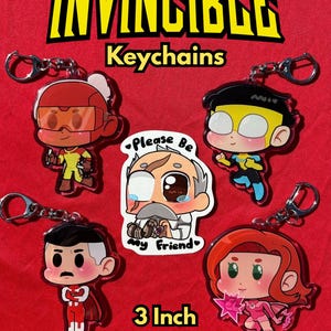 Op de afbeelding: Vijf 7,6 cm epoxy sleutelhangers met personages uit de geanimeerde serie Invincible. De sleutelhangers bevinden zich op een rode achtergrond met de tekst "Invincible Keychains" en "3 Inch Epoxy". De personages zijn Mark Grayson, Omni-Man, Atom Eve, Robot en een personage met de tekst "Please Be My Friend".