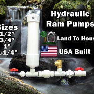 May include: White hydraulic ram pump with red and brass fittings. Sizes available: 1/2", 3/4", 1", and 1-1/4". The text "Hydraulic Ram Pumps", "Land To House", and "USA Built" are also visible.