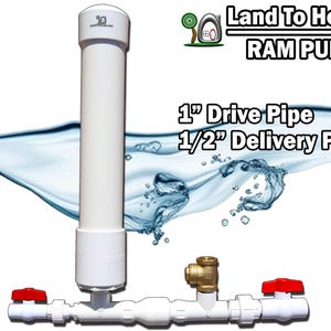 May include: A white ram pump with a 1-inch drive pipe and a 1/2-inch delivery pipe. The pump has a cylindrical body and red valve handles. The text "Land To House RAM PUMP" is displayed above the pipes.