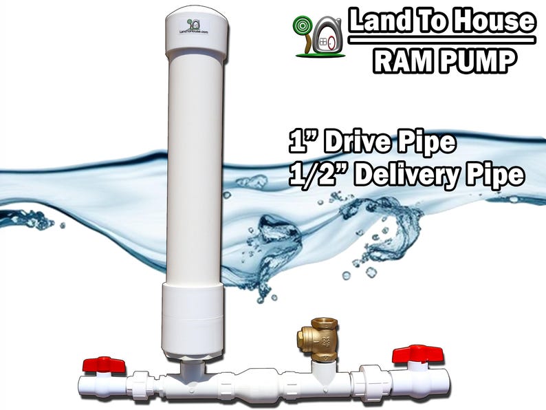 May include: A white ram pump with a 1-inch drive pipe and a 1/2-inch delivery pipe. The pump has a cylindrical body and red valve handles. The text "Land To House RAM PUMP" is displayed above the pipes.