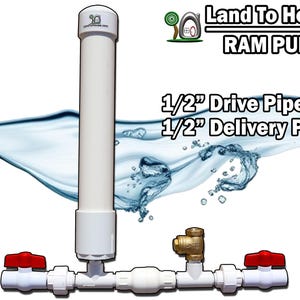 May include: A white hydraulic ram pump with 1/2 inch drive and delivery pipes. The pump is connected to a white pipe that is submerged in water. The pump is labeled "Land To House RAM PUMP".