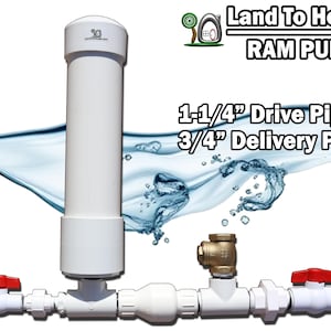 May include: A white water ram pump with a 1-1/4 inch drive pipe and a 3/4 inch delivery pipe. The pump is connected to a white pipe with red handles and a gold valve.