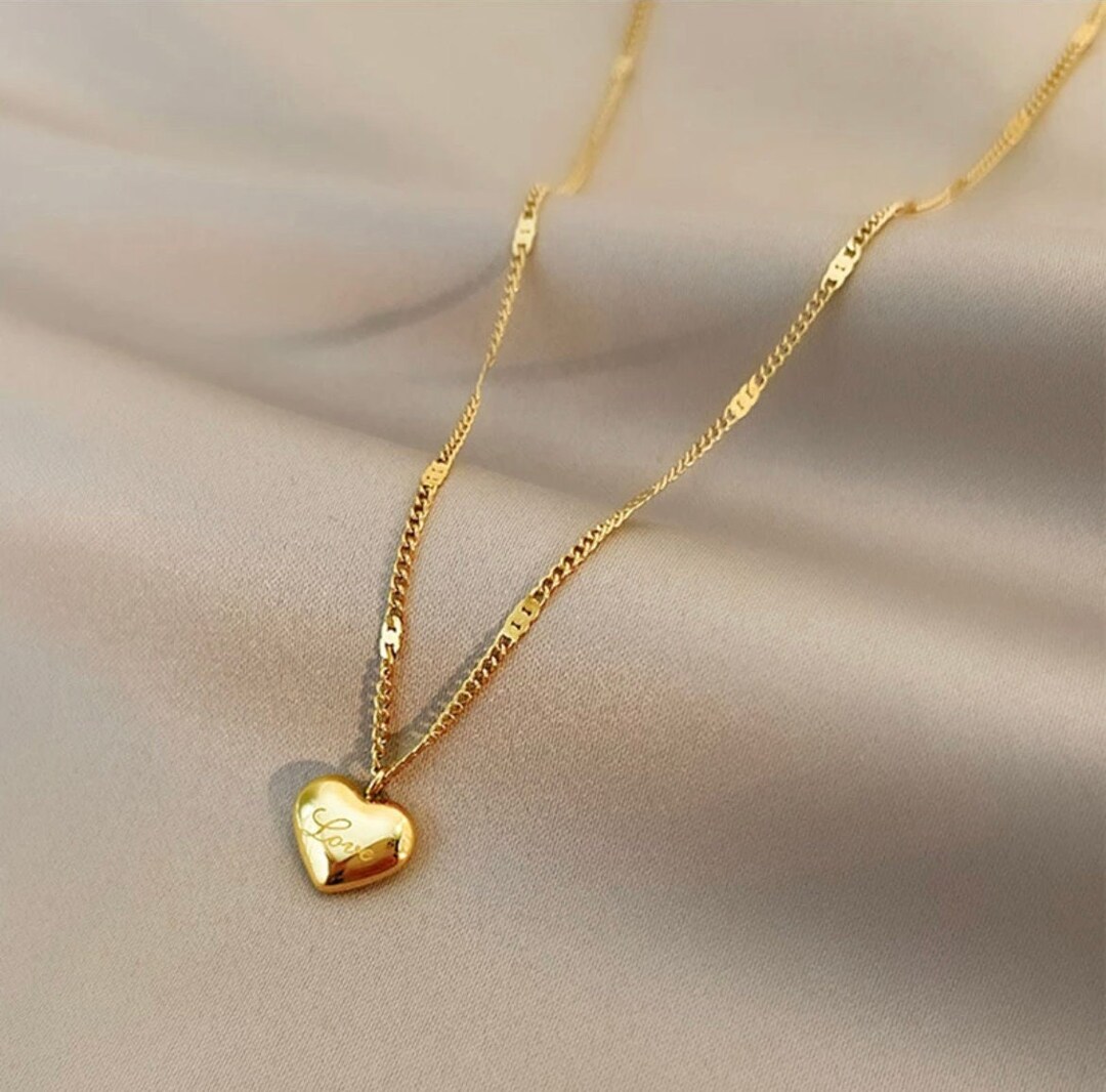 Gold Heart Pendant Necklace, Puffed Heart Necklace Gold, Gold Necklace