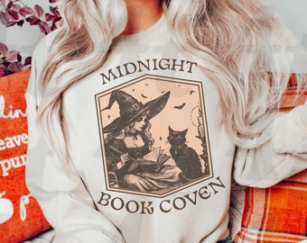 Sweatshirt middernacht Book Coven, Halloween-T-shirt in retrostijl, Halloweencadeau boekenliefhebber, schedeltrui, Halloweenkostuum, lezingssweater