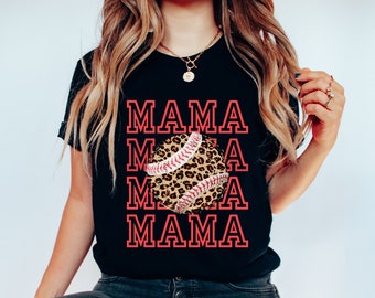 May include: Black t-shirt with the text "MAMA" repeated four times in red with a leopard print baseball in the center.