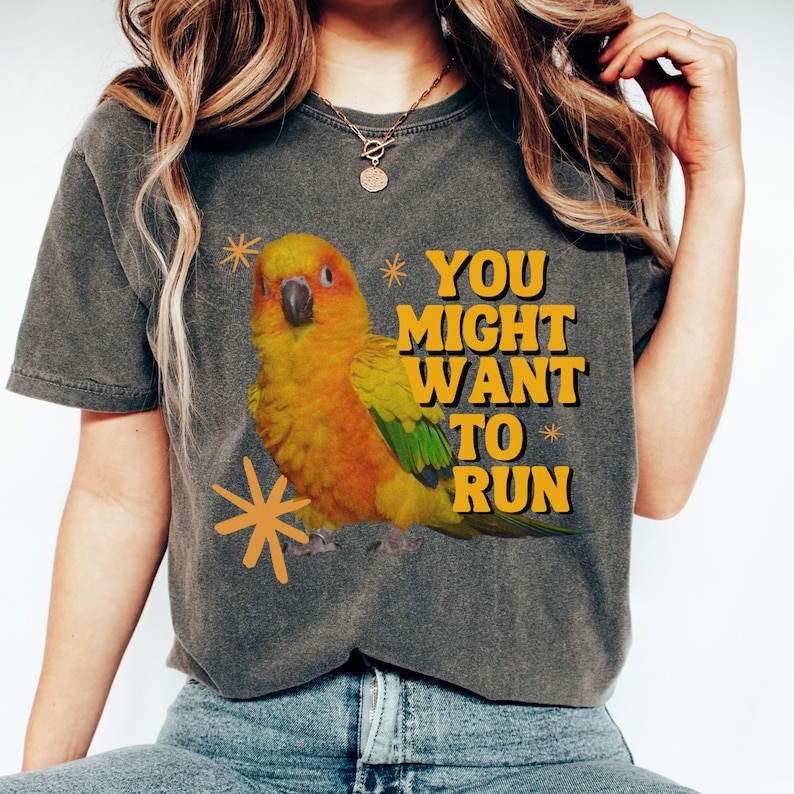 May include: Dark grey t-shirt featuring a vibrant yellow and green parrot illustration. The text "YOU MIGHT WANT TO RUN" is printed in yellow. The shirt has a vintage, worn look.
