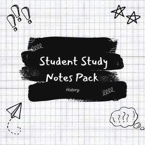 Puede incluir: Ilustración en blanco y negro de un paquete de notas de estudio para estudiantes con el texto "Student Study Notes Pack" e "History" sobre un fondo cuadriculado blanco.