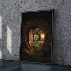 May include: A framed print of a fantasy landscape with a wooden door leading into a circular opening in a tree trunk. The door is open and reveals a green field with a tree and a sunset in the distance.