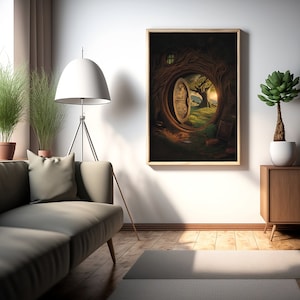 May include: A framed print of a fantasy landscape with a wooden door leading into a lush green forest. The door is surrounded by tree roots and branches, creating a whimsical and magical atmosphere.