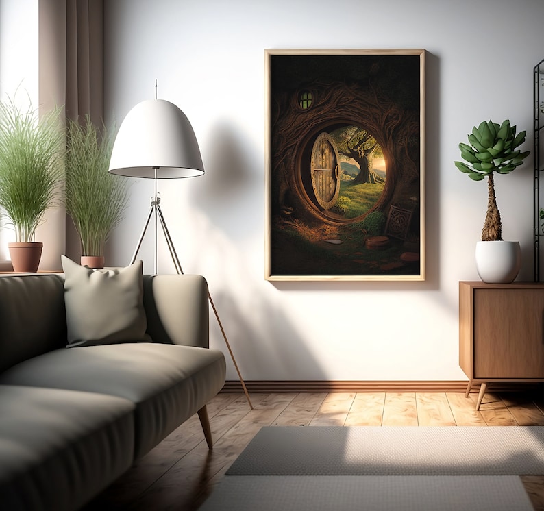 May include: A framed print of a fantasy landscape with a wooden door leading into a lush green forest. The door is surrounded by tree roots and branches, creating a whimsical and magical atmosphere.