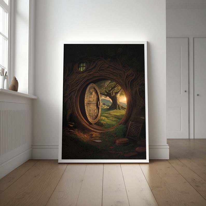 May include: A wooden door opens to reveal a lush green meadow with a large tree in the distance. The door is set into a circular opening in a tree trunk, surrounded by roots and vines.