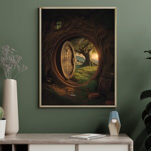 May include: A framed fantasy art print depicting a wooden door opening into a lush green forest with a large tree in the background. The door is set into a circular opening in a tree trunk, with vines and roots surrounding it.