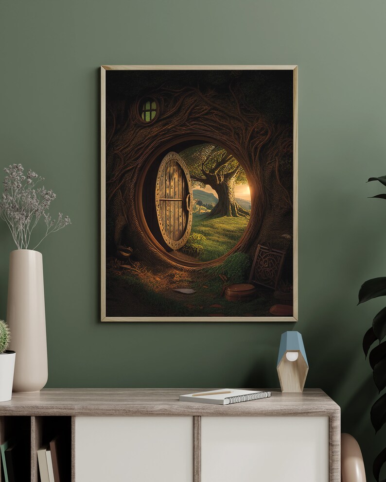 May include: A framed fantasy art print depicting a wooden door opening into a lush green forest with a large tree in the background. The door is set into a circular opening in a tree trunk, with vines and roots surrounding it.